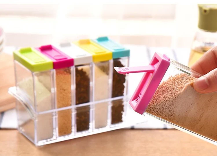 Transparent plastic 6 grids seasoning storage box Container salt and pepper mill spice rack condiment set kitchen accessories