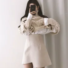 

Long Sleeve Jumper+shorts Skirts Female New Korean Harajuku Suits Autumn Winter Women 2-piece Sets Turtleneck Cropped Sweater