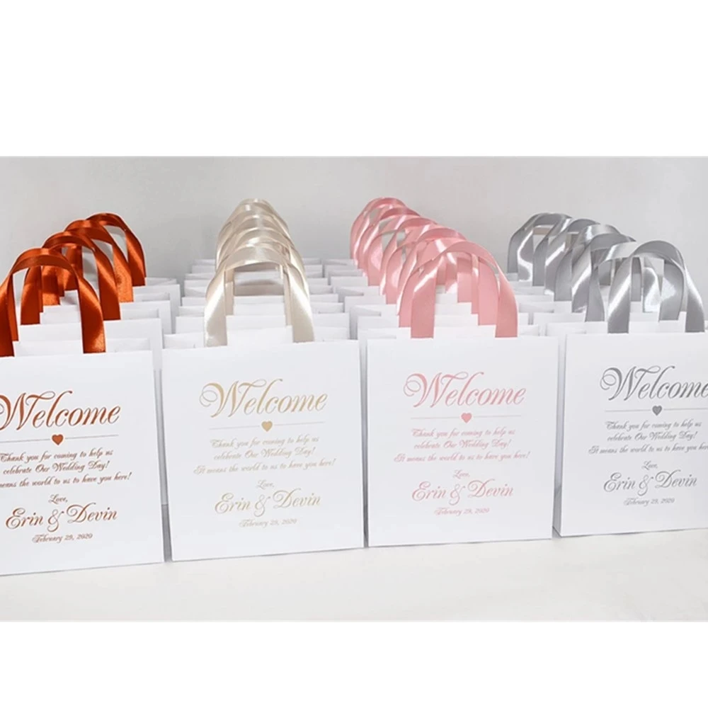 

Personalized Wedding Welcome Bags with satin ribbon and your names, cutom Elegant wedding Thank You gifts & favors for guests