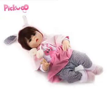 

Pickwoo 48CM baby doll reborn toddler girl doll in pink rabbit dress full body soft silicone realistic baby Anatomically Correct