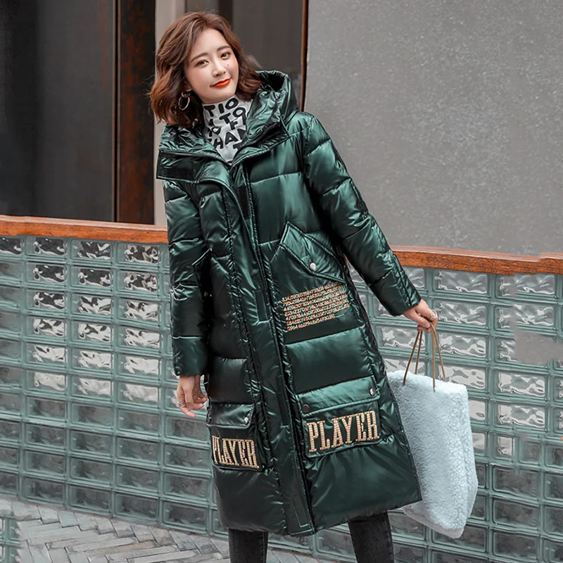 

Female Embroidery Letter Parkas Hooded Puffer Outerwear Jacket Women Korean Cotton Thicken Padded Warm Long Coat Plus Size