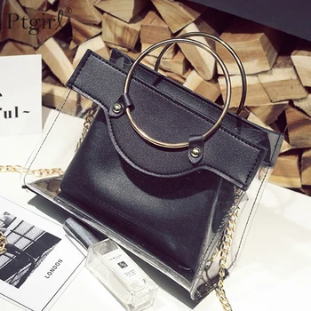 

2019 Summer New Handbag High quality PVC Transparent Women bag Metallic Ring Tote bag Ptgirl crossbody bags for women sac Bag