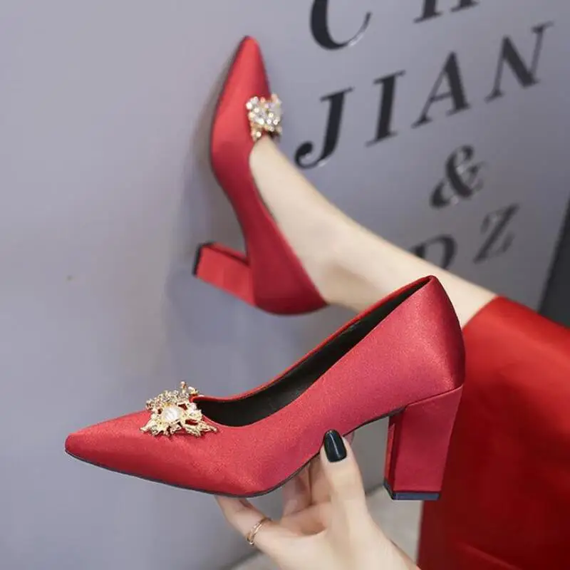 

Women Heels Fashion Silk Buckle Thick with Wedding Shoes Spring Autumn Pointed Single Shoes Female Sandals Pumps Women Shoes