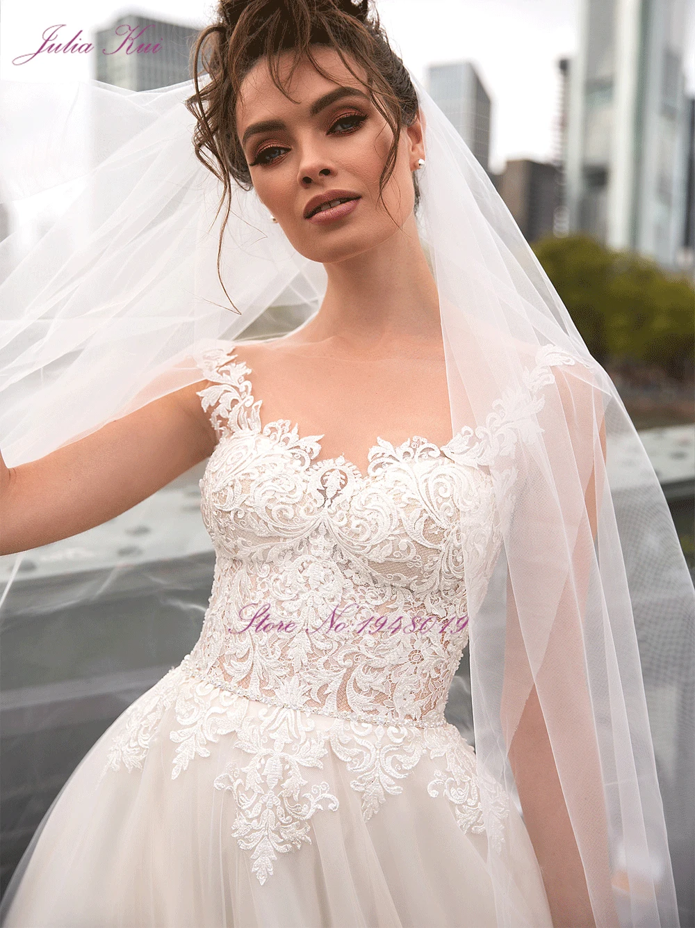 Julia Kui Robe de mariee винтажное кружевное Тюлевое ТРАПЕЦИЕВИДНОЕ свадебное платье без рукавов с глубоким вырезом, свадебные платья для невесты