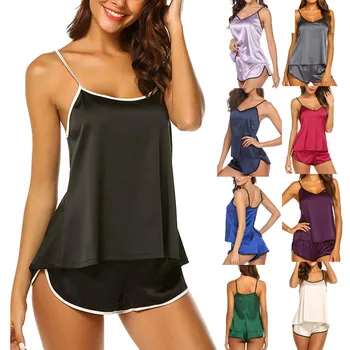 

sexy sleepwear lingerie пижама женская топ носки Women pajamas sleep topsSatin Suspender Sleepcoat Shorts Solid Underwear Set