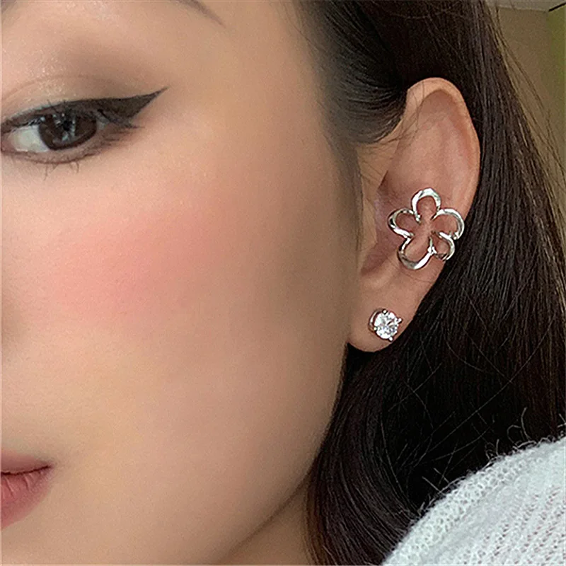 Ear Clip Earrings Punk Fairy Clip Earrings For Women Goth Irregular Flower Metal Ear Cuffs Unusual Design No Piercing Earrings Korean Fashion
