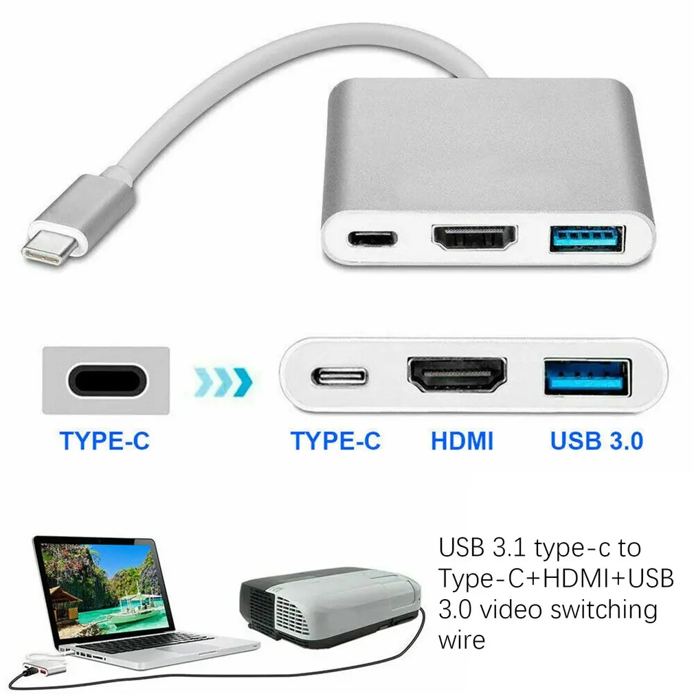 Премиум Тип C USB 3,1-Usb-C 4K HDMI USB 3,0 кабель-адаптер 3 в 1 концентратор для компьютера портативный бытовой Кабель-адаптер