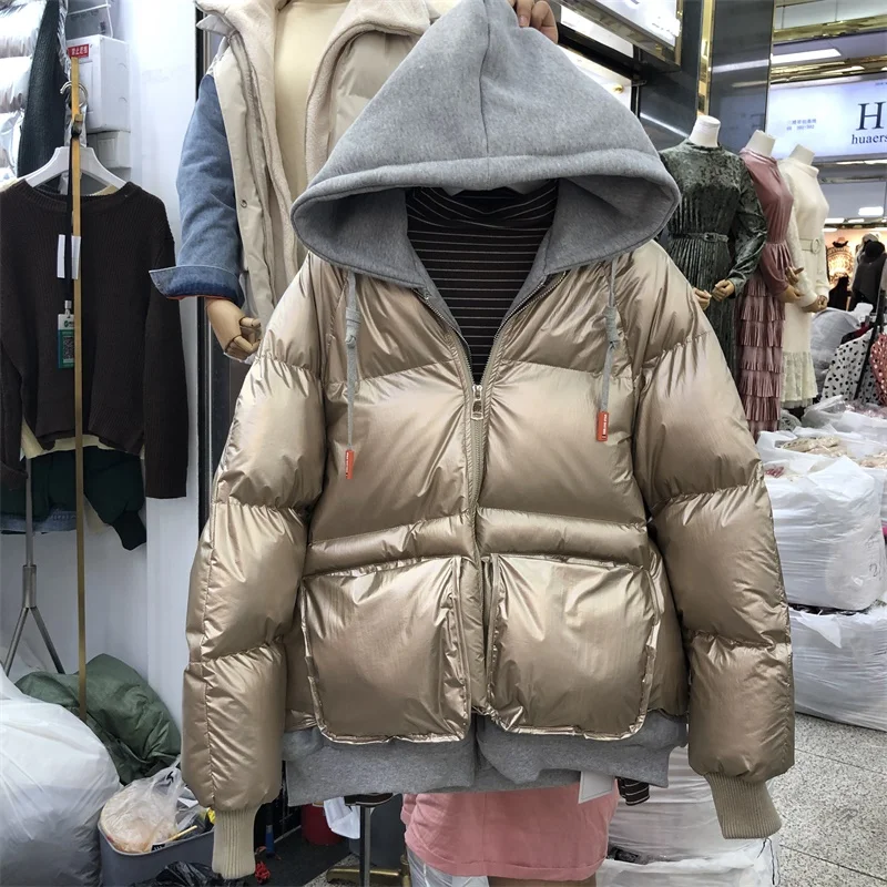 Bf Lazy Wind Женская Осенняя/зимняя поддельная двухсекционная хлопковая стеганая куртка короткая парка с капюшоном пальто Женская свободная теплая верхняя одежда
