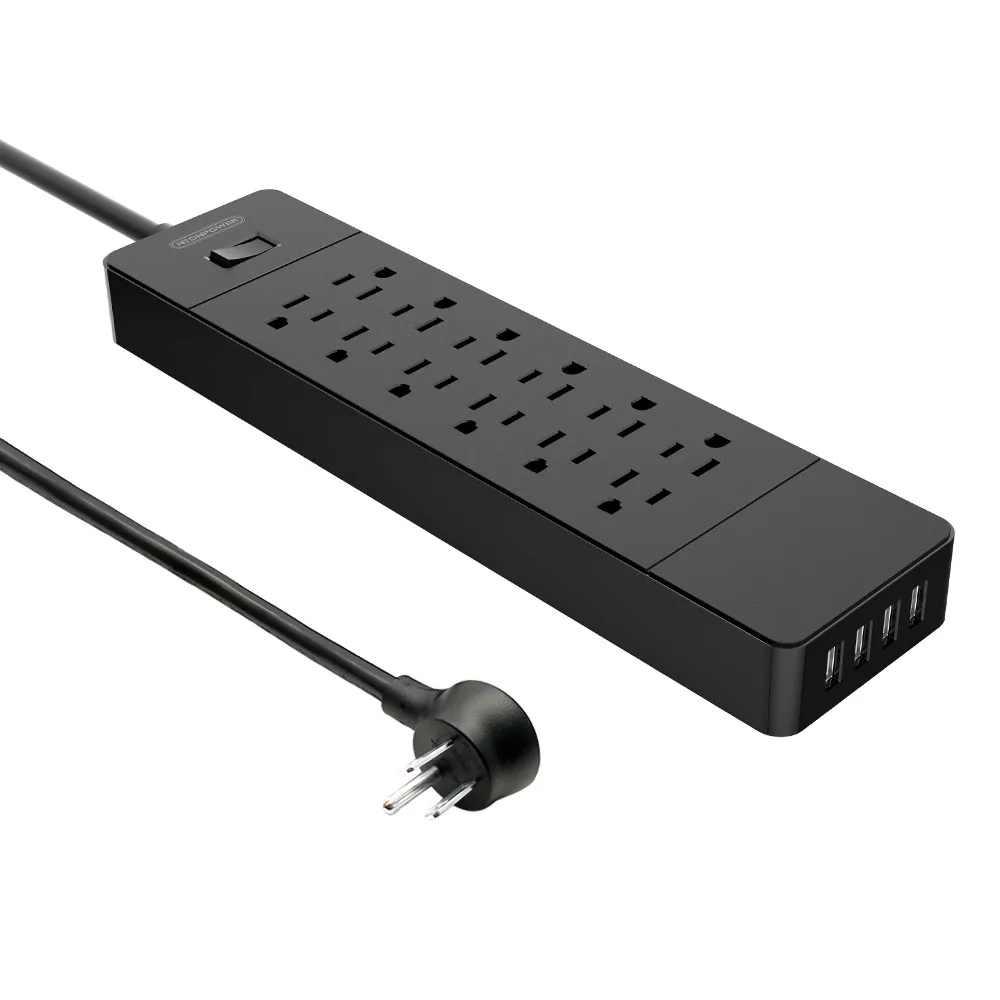 Сетевой фильтр NTON power USP с вилкой США, 12 розеток переменного тока, USB зарядное устройство, 4 порта, подвесной Разъем для установки, 1,5 м шнур питания - Цвет: Черный