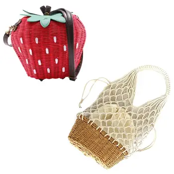 

Rattan Bag Pastoral Woven Fashion Handbags Fruit Strawberry Bag & Handbag Women Hand-Woven Top-Handle Beach Bag