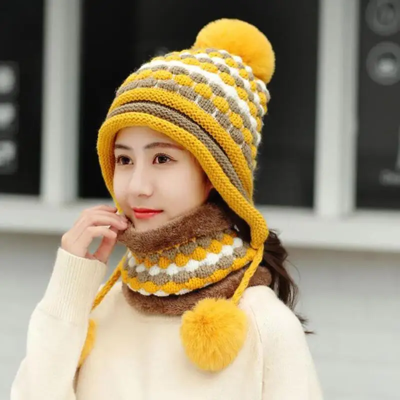Осенние и зимние теплые наушники Женская мода дикая вязаная Круглая Шапочка шарф шляпа набор три шарики для волос милый студенческий чехол
