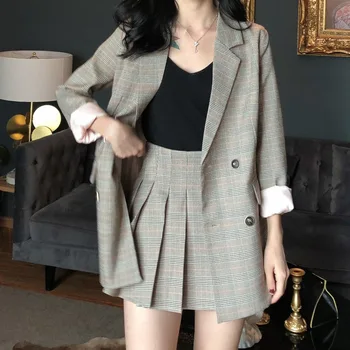 

2020 spring and autumn suit women loose temperament small suit jacket pleated skirt two-piece fashion plaid women's clothing set
