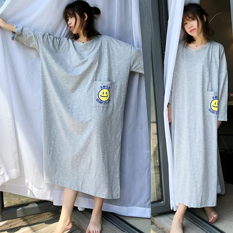 

Nightgown Women's Long Sleeve Autumn & Winter Pocket Smiley Gray M -Xxl Three Color