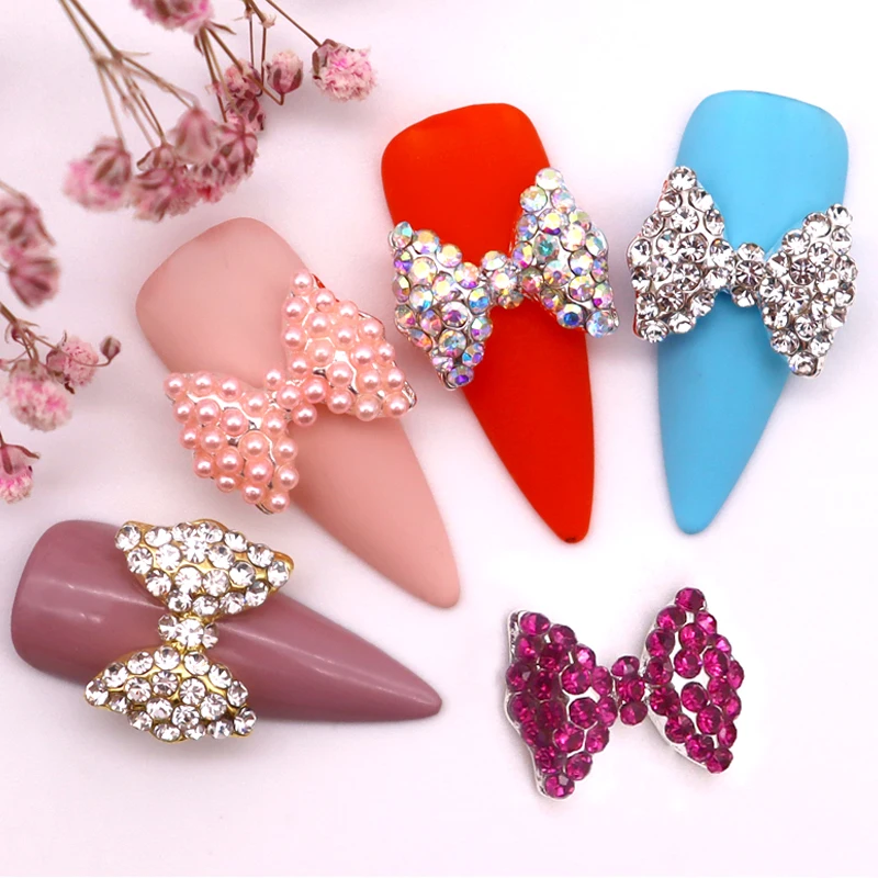 

10pcs/bag Charm 3D Metal Manicure Nail Art Decoration Golden Silver Bow Tie Bowknot Inlaid Rhinestone Pearl DIY Nail Accessories