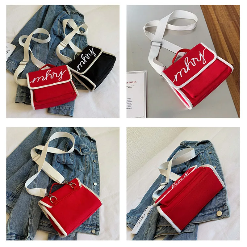 

2019 Autumn New Style WOMEN'S Bag Casual College Style Square Sling Bag Canvas Hand Lettered Embroidered Bag Shoulder