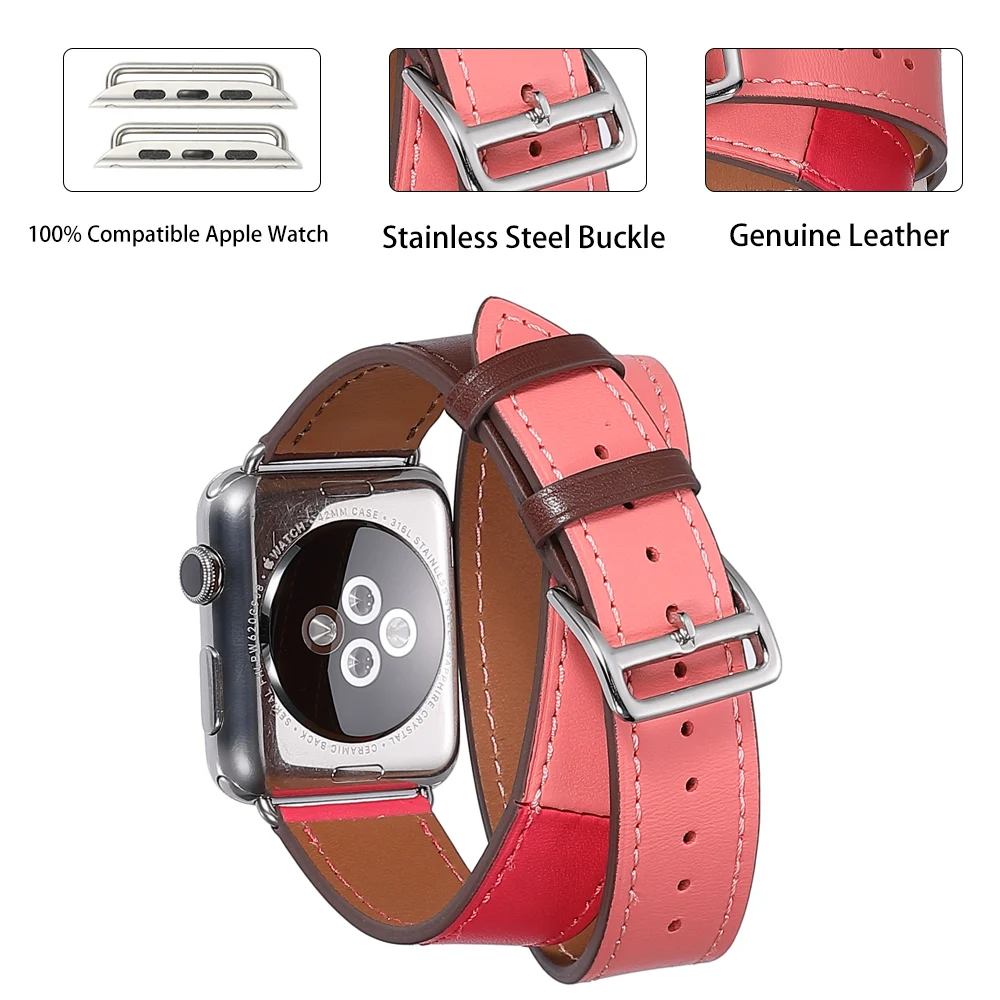 iStrap Geuine Two-tone Leather Pin Buckle Band for Apple Watch 38mm 42mm 40mm 44mm