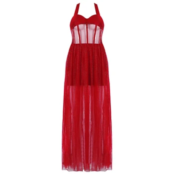 

sexy mesh solid red sleeveless spaghetti strap woman dress 2020 autumn chic floor-length sheath evening party bandage dress