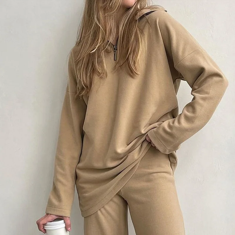 Women Elegant Two Piece Set Polo Collar Long Sleeve Hoodies Fashion High Waist Straight Trouser Suit Loose Warm Waffle Tracksuit |