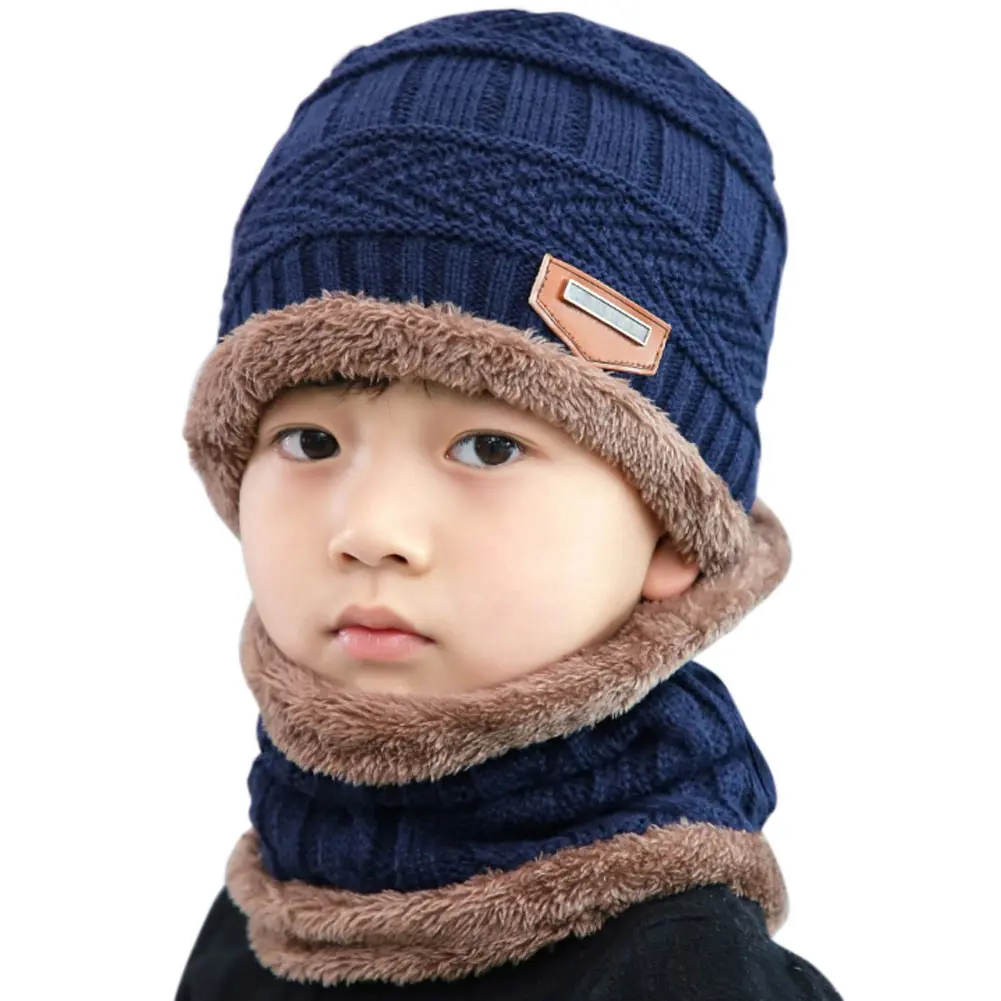 Navy Children Новинка; Лидер продаж 2 шт./компл. зимняя теплая вязаная шапка с помпоном шапка мягкий комплект шапки и шарфа, способный преодолевать Броды для взрослых/детей хиджаб шаль - Цвет: Navy Children