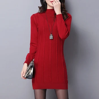 

JUAYKALA Ladies Autumn And Winter Sweater Dress New Plus Velvet Thick Half-high Collar Sweater Bottoming Sweater Dress