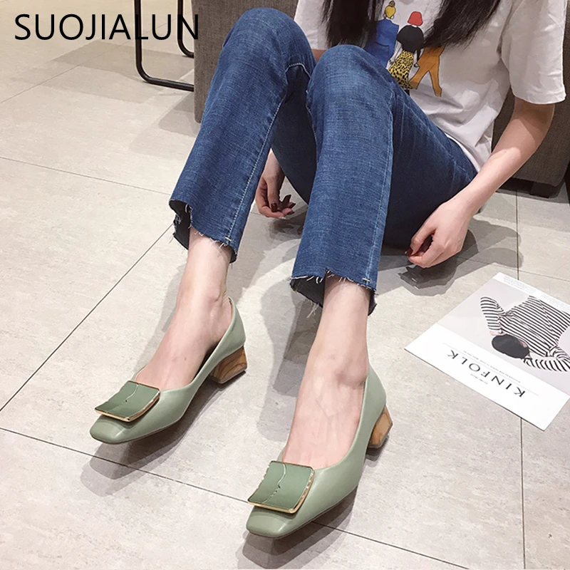 SUOJIALUN Luxury Women Spring Flat Shoes Square Toe Medium Heels Fashion Metal Boat Low Heels Shoes Women Dress Shoes