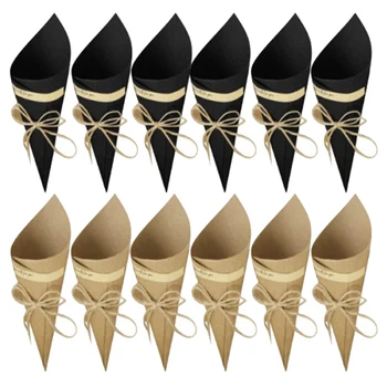 

HOT 100Pcs Retro Folding Kraft Paper Confetti Cone Bouquet with Ropes Wedding Diy Decoration Gifts- 50Pcs Black & 50Pcs Wood