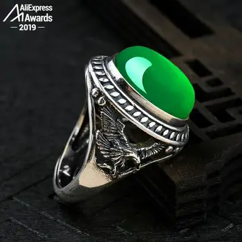 

12*16mm 6.18 Sale S925 Sterling Silver Australia Emerald Rings Jade moldevite Chinatown oriental Retro Chalcedony Jade