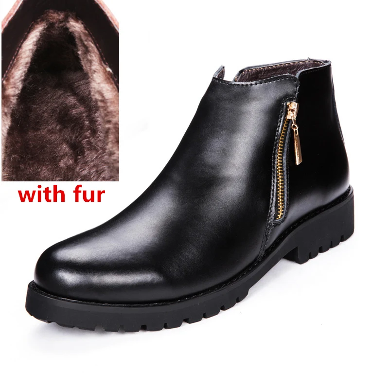 black fur Удобные мужские ботильоны из высококачественной натуральной кожи; мужские зимние ботинки на молнии; зимние теплые мужские ботинки на меху; А4 s - Цвет: black fur