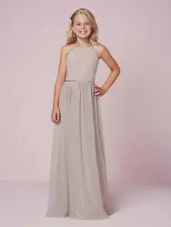 Sliver Cheap Junior Bridesmaid Dresses Under 50 A-line Halter Floor Length Lace Chiffon Long Wedding Party Dresses