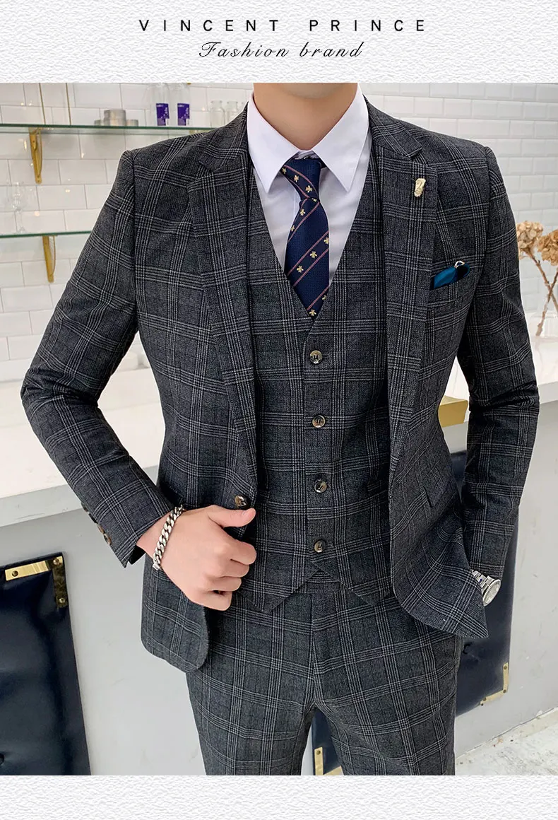 Деловые мужские костюмы хаки мужские костюмы 3 шт Terno Masculino Slim Fit Свадебные костюмы для мужчин с брюками платье для офиса