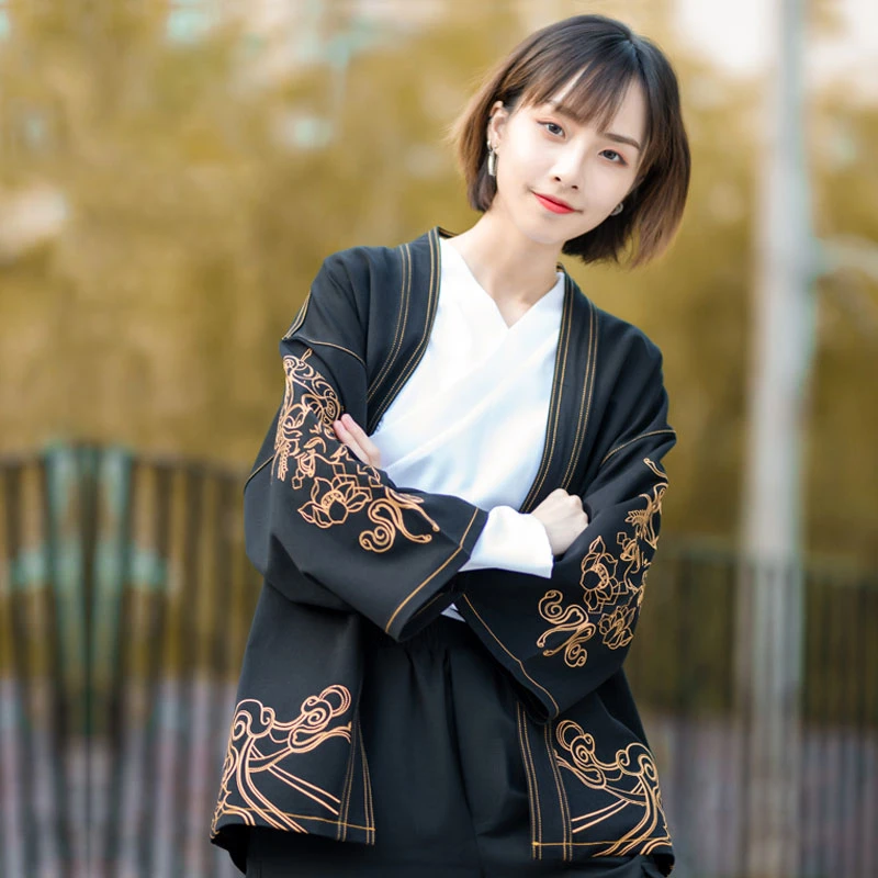 Женское винтажное кимоно Yukata черное с вышивкой традиционный кардиган Пляжная