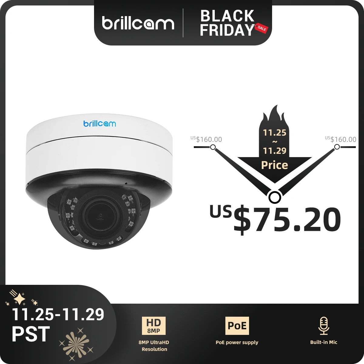 IP-камера Brillcam 8 Мп POE IP67 водонепроницаемая со встроенным микрофоном | Безопасность