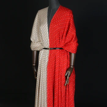 

135CM Wide 18MM Stripe Print Stretch Khaki Red Silk Fabric for Summer Dress Shirt Scarf Cheongsam Suit DE1248