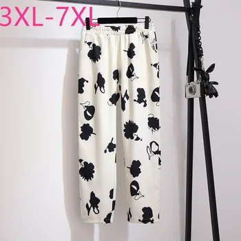 

New spring autumn plus size straight pants for women large loose casual elastic waist floral long trousers white 4XL 5XL 6XL 7XL