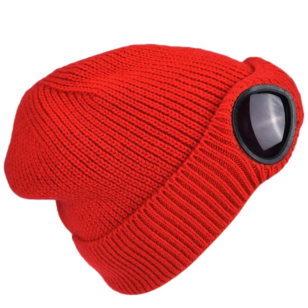 Новая мода унисекс для взрослых зимние теплые вязаные шапки ветрозащитные Лыжные шапки со съемными очками утолщенные спортивные многофункциональные шапки - Цвет: Красный