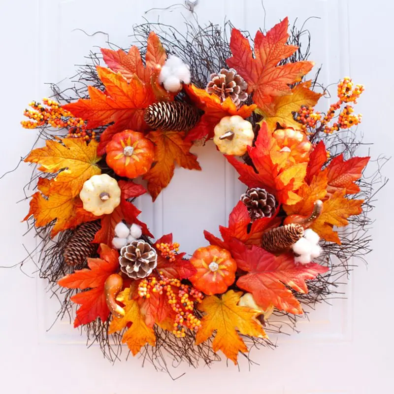 

Halloween Thanksgiving Door Hanging Wreath Garland Artificial Maple Leaves Pumpkins Berries Pine Cone Weeding Harvest Home Decor