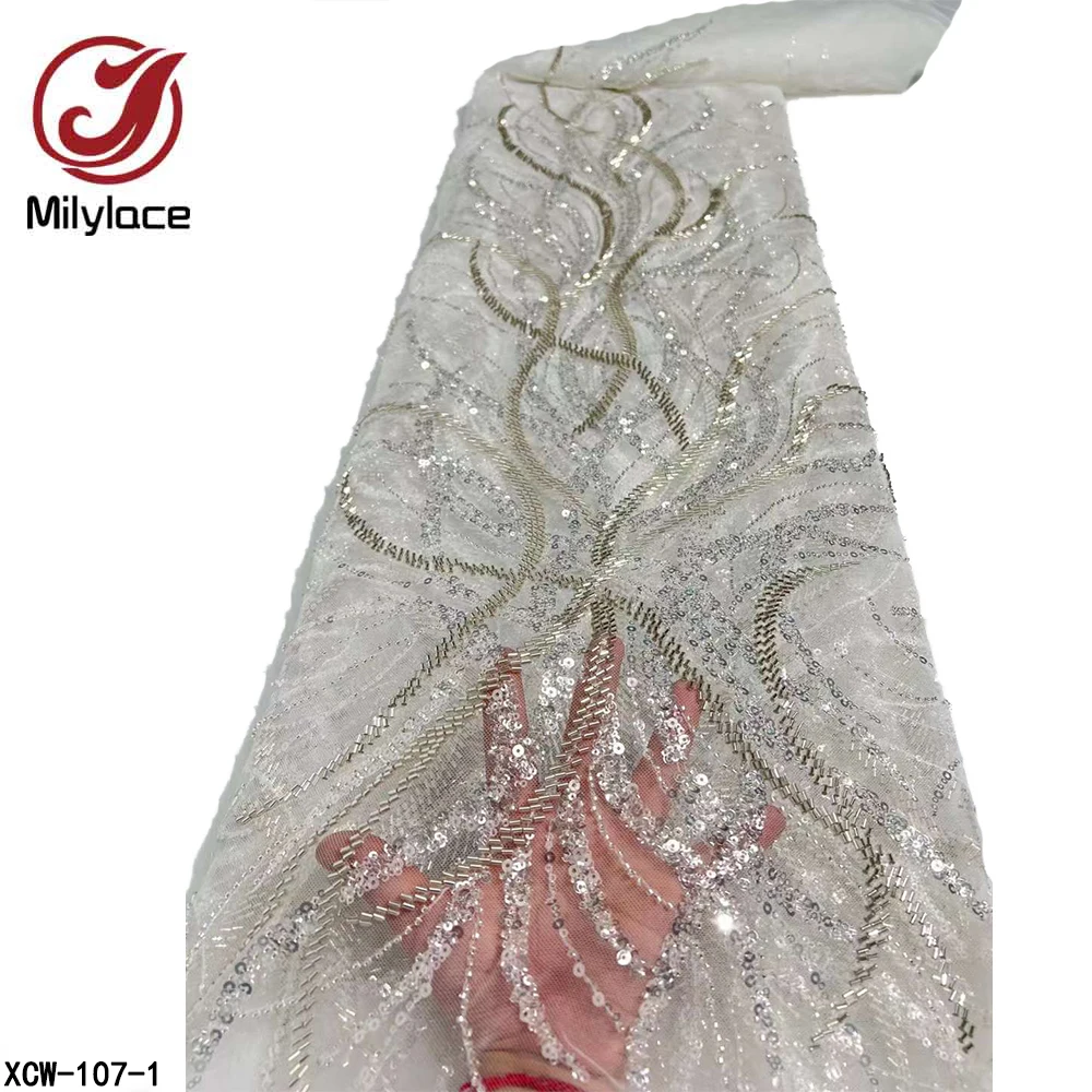 

High Grade Tube Beads and Sequins Embroidered Tulle Lace Fabric African French Net Lace for Evening Party Dress XCW-107