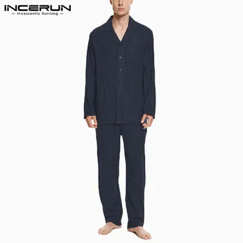 

Fashion Men Pajamas Sets Long Sleeve Lapel Sleepwear Pants Homewear Solid Cozy Leisure Men Nightwear Sets 2 Pieces S-5XL INCERUN