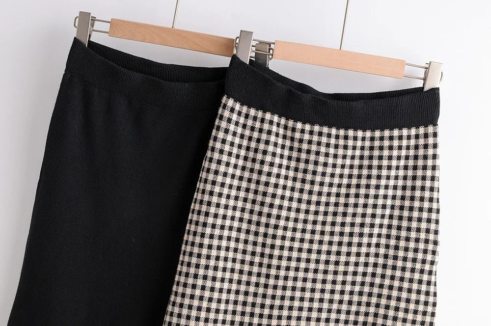 Женщины Frill Sweep Bodycon Knit Midi Skirt в клетку