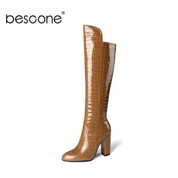 

Bescone Women Knee High Boots Sexy Square High Heel Zipper Warm Winter Long Boots BM605