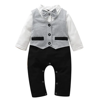 

Puseky Spring&Autumn Baby Boy Gentleman Suit White Shirt with Bow Tie+Grey black Vest+Trousers 3Pcs Formal Kids Clothes Set