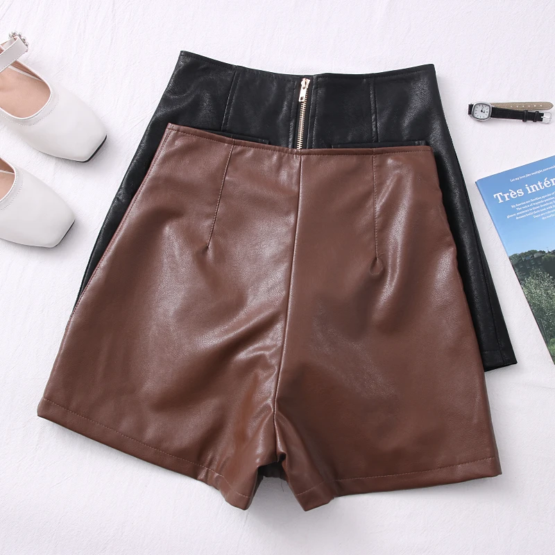 leather shorts 2021 Women's New Autumn Winter Sexy PU Leather Shorts  All-match Sashes Wide Leg Short Ladies Leather Shorts Female Casual khaki shorts