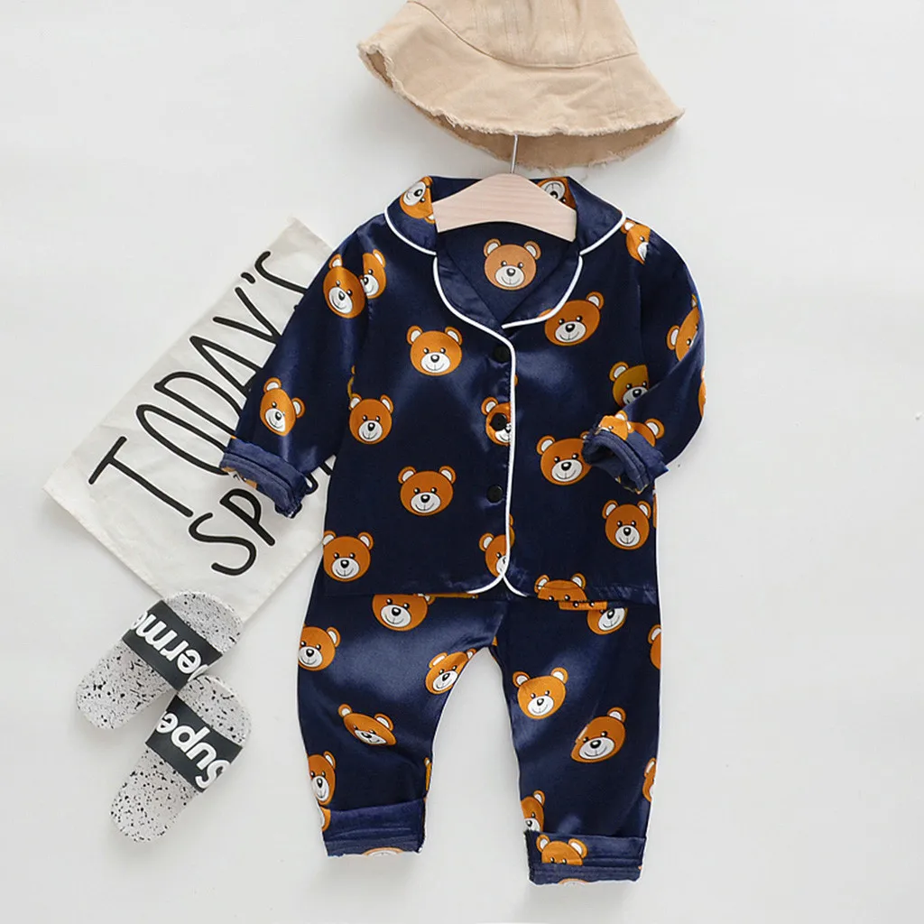 Комплект одежды для сна для маленьких мальчиков и девочек, милая детская одежда коллекция года, мягкие хлопковые топы с длинными рукавами и рисунком медведя+ штаны, повседневная одежда, Y81