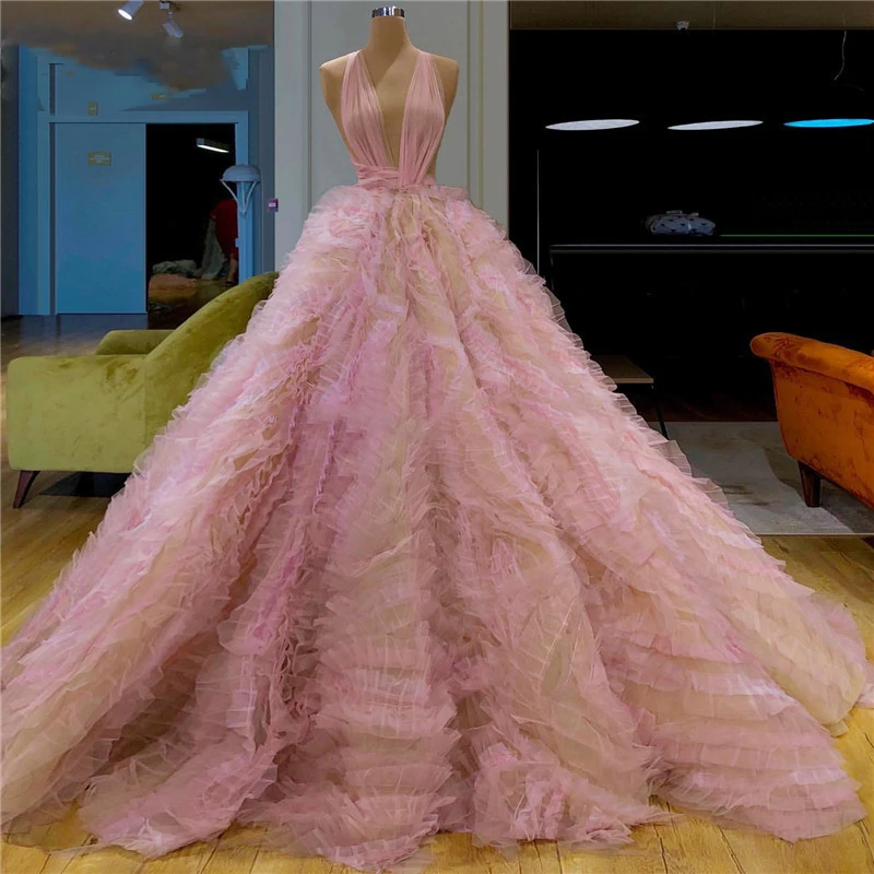 Pink Princess Evening Dresses Robe De Soiree Deep V Neck Tulle Prom Dress Long Tiered Wedding Party Gowns 2019 Abiye