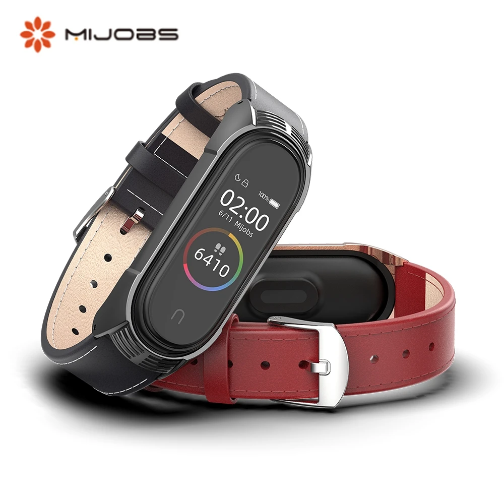 

Mijobs leather strap For Mi band 4 Metal wristbands Stainless steel For Xiaomi Mi band 4 Smartwatch hollow out case For miband 3