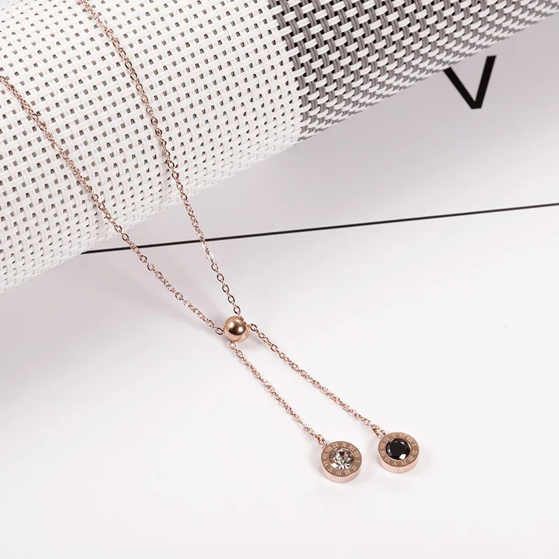 

Roman Numerals Round Semi-precious Stone Ajustable Length Pendant Rose Gold Color 316L Stainless Steel O-chain Necklaces