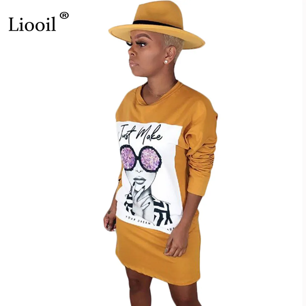 

Liooil Head Letter Print Sexy Sweatshirt Mini Dress With Pockets Autumn Winter Long Sleeve O Neck Club Dresses Woman Party Night