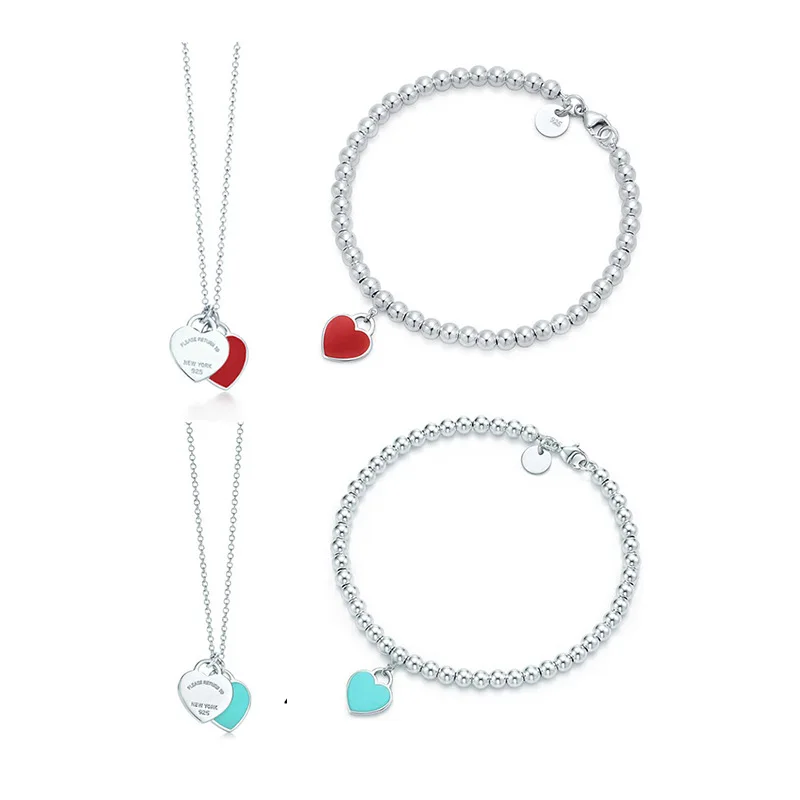 Günstige TF Tiffany Armbänder Emaille Herz Anhänger 925 Silber Perlen Armband Blau Rosa Herz Form frauen Geburtstag Geschenk