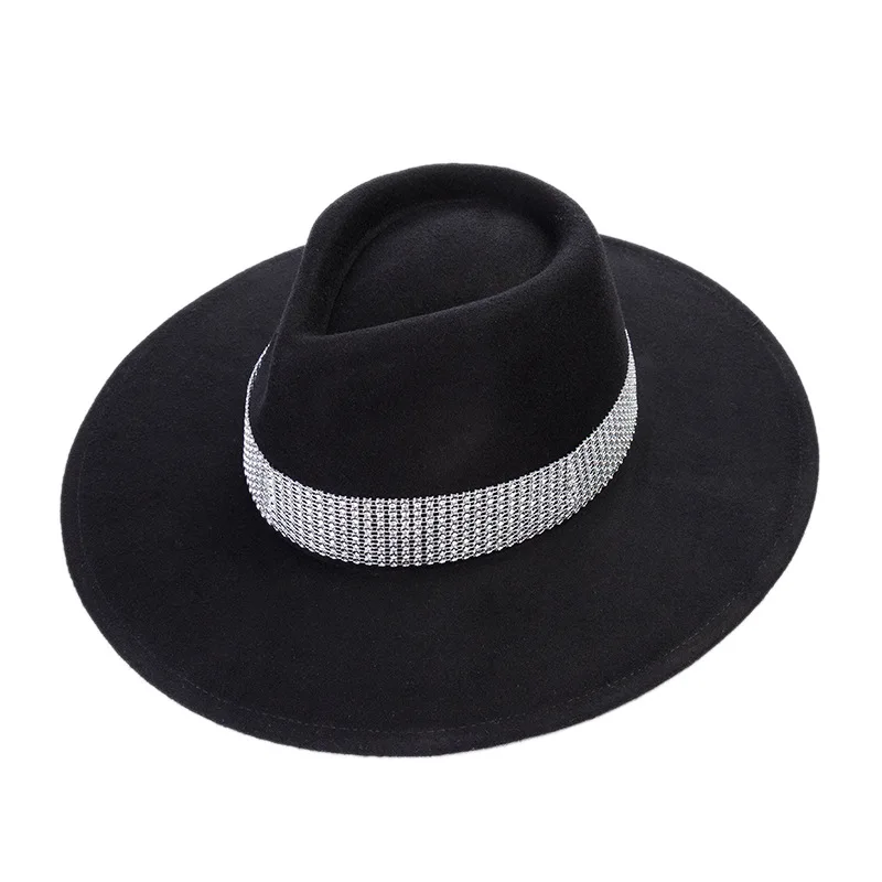 

New Style Bright Diamond Band Wide Brim Fedora Hat Black Wool Felt Hat for Women Winter Panama Hat Wedding Derby Church Jazz Hat