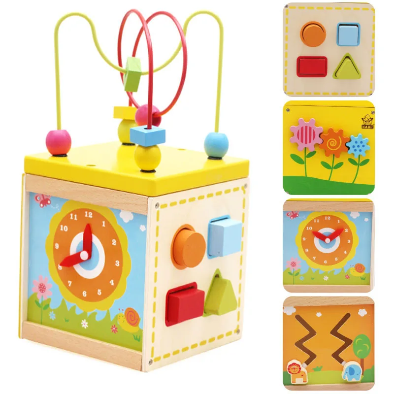 

New Style Multi-functional Bead-stringing Toy Box Five in One Mini Shape Cognitive Chest Wood Children'S Educational Toy